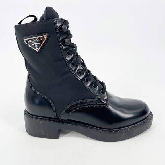 Prada Black Spazzolato Re-Nylon Metal Triangle Logo Combat Ankle Boot size IT 36 - Picture 3 of 14
